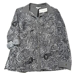 Notations Black White Paisley Roll Tab Sleeve Button Front Blouse Size M